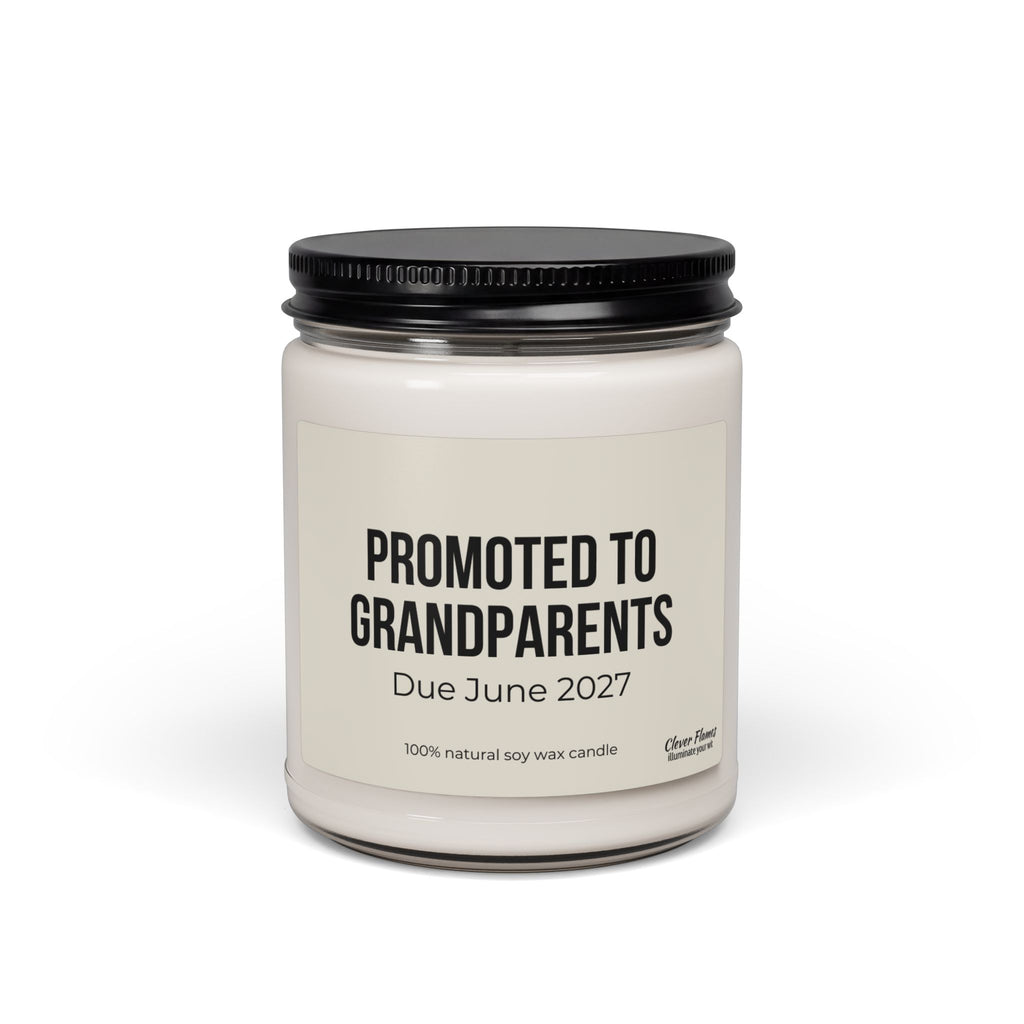 Introducing the Promoted to Grandparents 9oz Scented Soy Candle by Printify—an elegant white reusable glass jar featuring a black lid and a label that reads “PROMOTED TO GRANDPARENTS Due June 2027.” Crafted from 100% natural soy wax, this candle is the perfect keepsake for sharing your exciting pregnancy announcement in a special way.