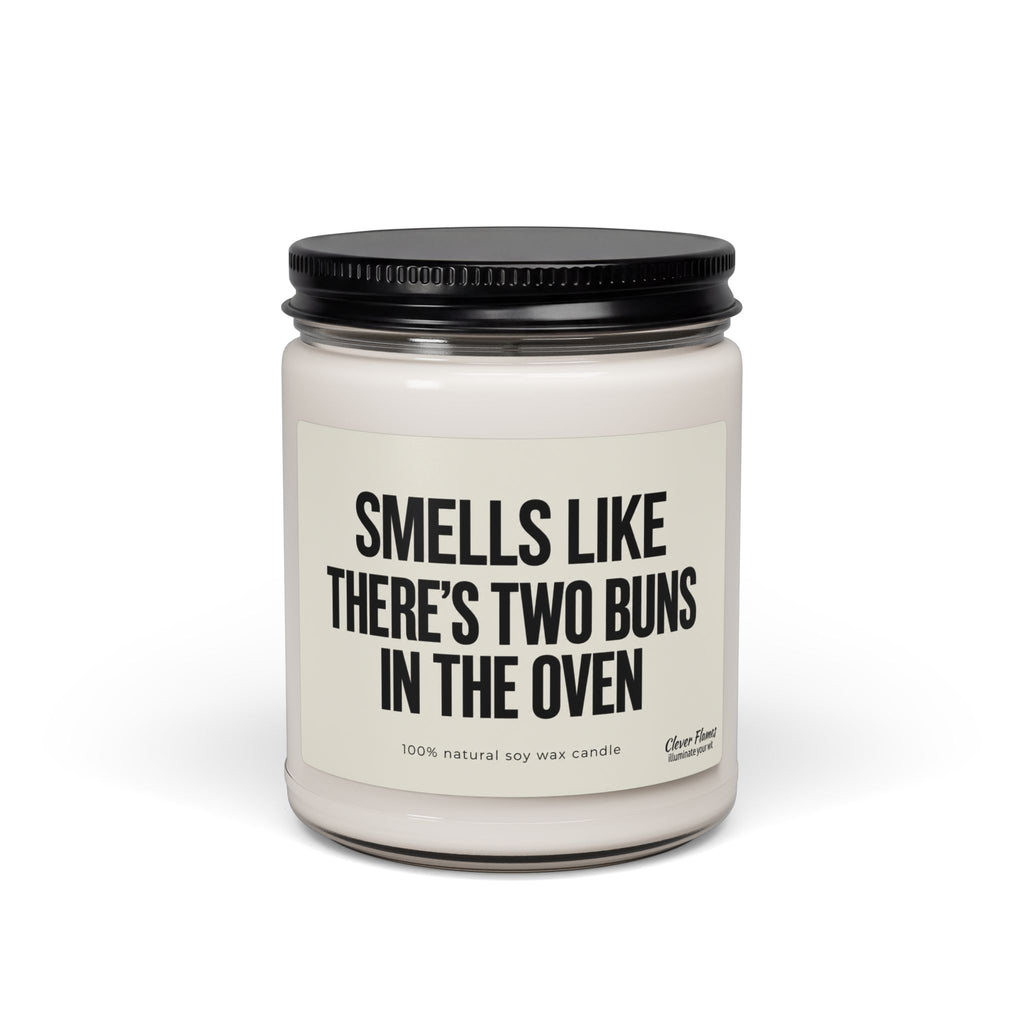 Smells Like There’S Two Buns In The Oven Custom Candle For Twins Pregnancy Announcement in a glass jar with a black lid.