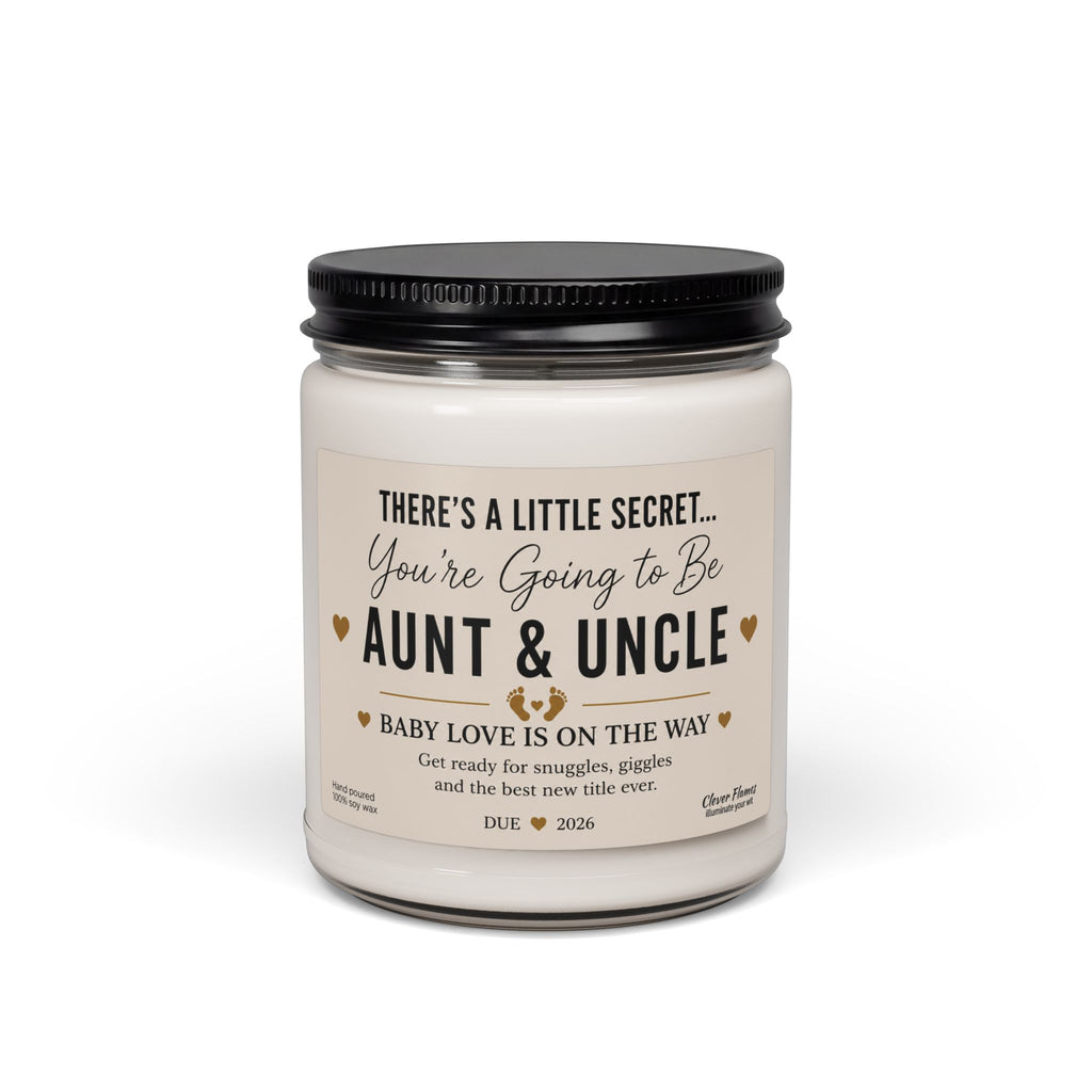 Introducing the Printify Pregnancy Announcement for Aunt and Uncle Candle — a white candle jar with a sleek black lid. The label reads: “There’s a little secret... You’re Going to Be Aunt & Uncle. Baby love is on the way. Due 2026.” This You’re Going to Be Aunt and Uncle Gift makes a perfect baby reveal gift and memorable pregnancy reveal idea for sharing your exciting news with loved ones.