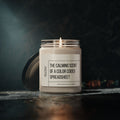 Printify’s Scented Soy Candle – The Calming Scent of a Color Coded Spreadsheet comes in a glass jar with a labeled lid beside it, bringing eco-friendly home fragrance to any space.