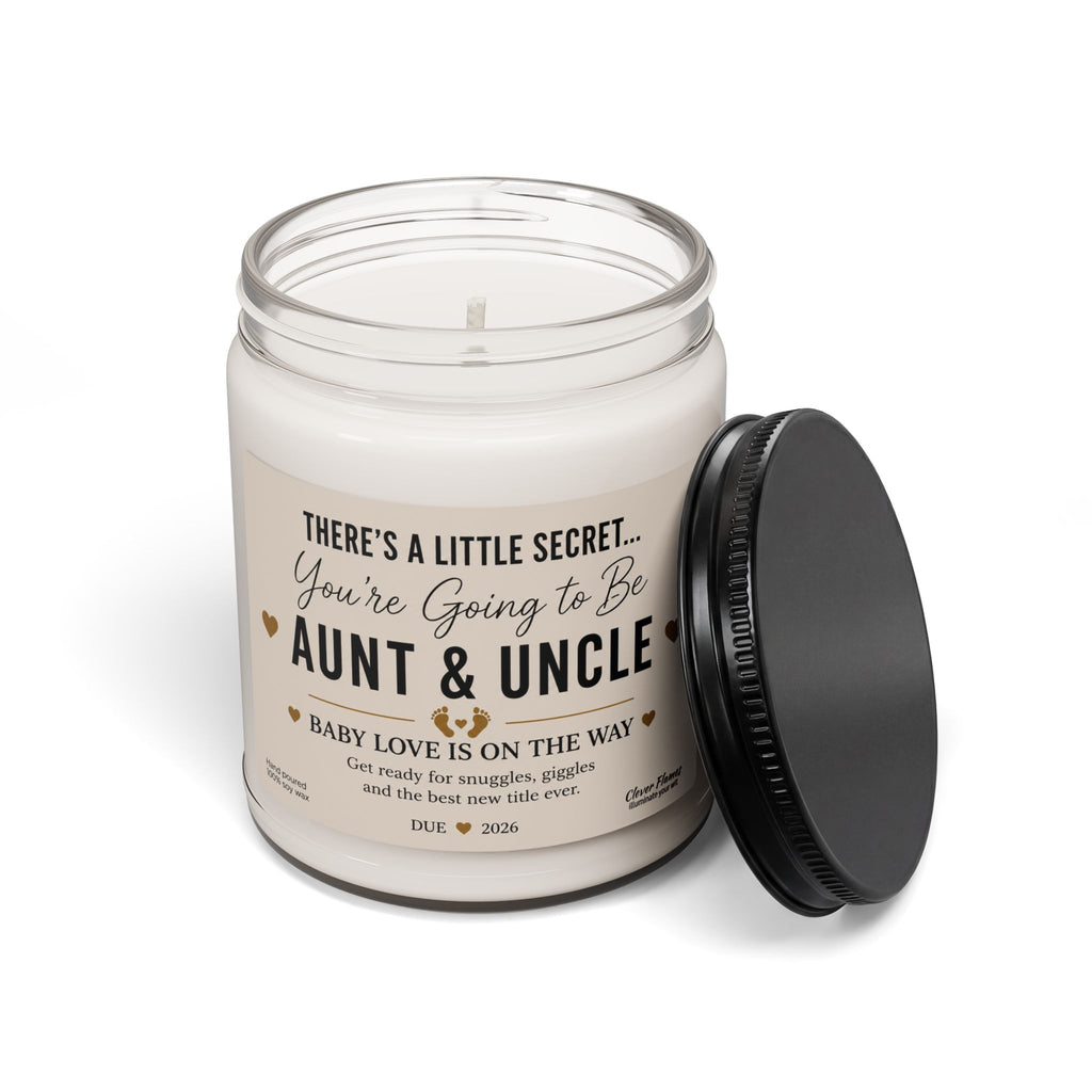 Introducing the Pregnancy Announcement for Aunt and Uncle Candle by Printify—a white candle in a glass jar with a black lid featuring the message, “You’re going to be Aunt and Uncle. Baby due in 2026.” This unique pregnancy reveal idea is the perfect gift for announcing your exciting news to family in a memorable way.