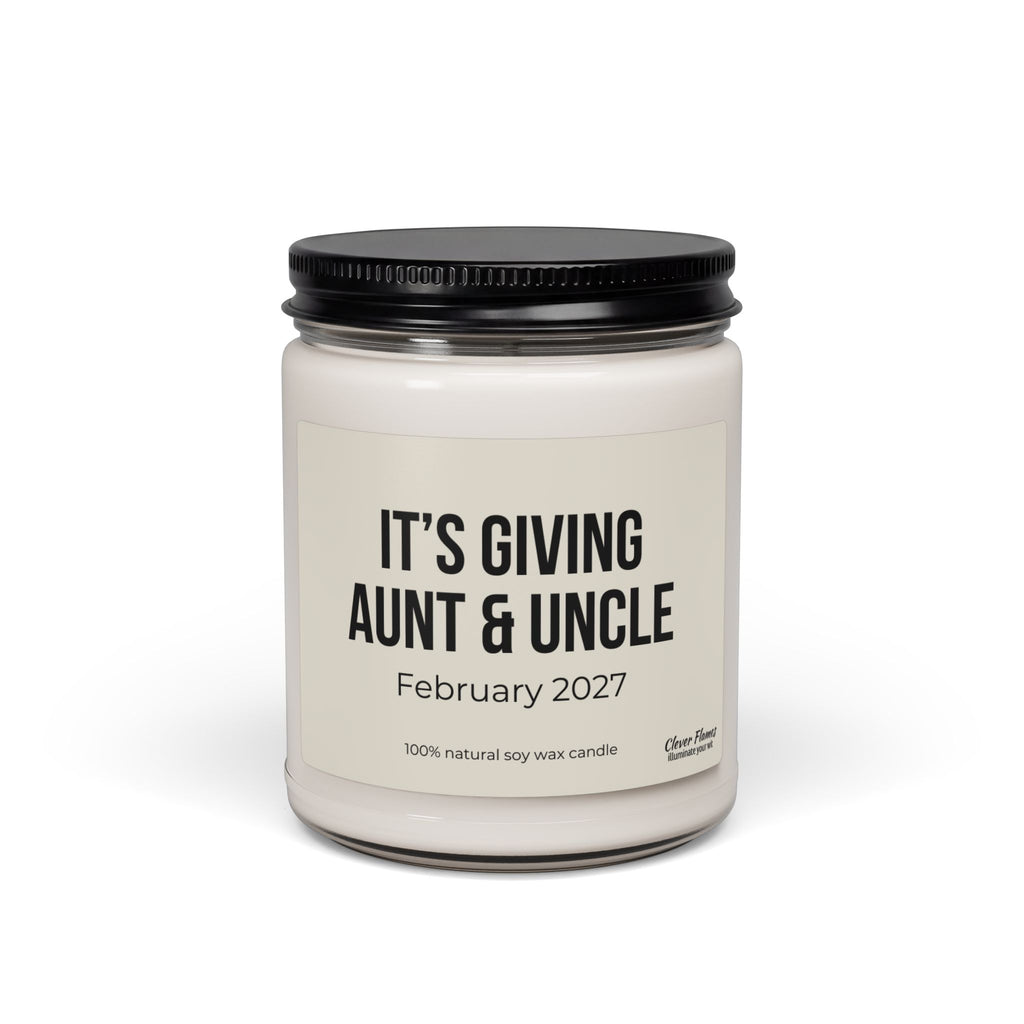 A Printify Aunt and Uncle Pregnancy Announcement Candle Personalized Baby Announcement Gift For Aunt and Uncle Pregnancy Reveal Custom Candle Gift in a jar with a label reading Its giving Aunt & Uncle, February 2027.