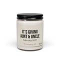 A Printify Aunt and Uncle Pregnancy Announcement Candle Personalized Baby Announcement Gift For Aunt and Uncle Pregnancy Reveal Custom Candle Gift in a jar with a label reading Its giving Aunt & Uncle, February 2027.