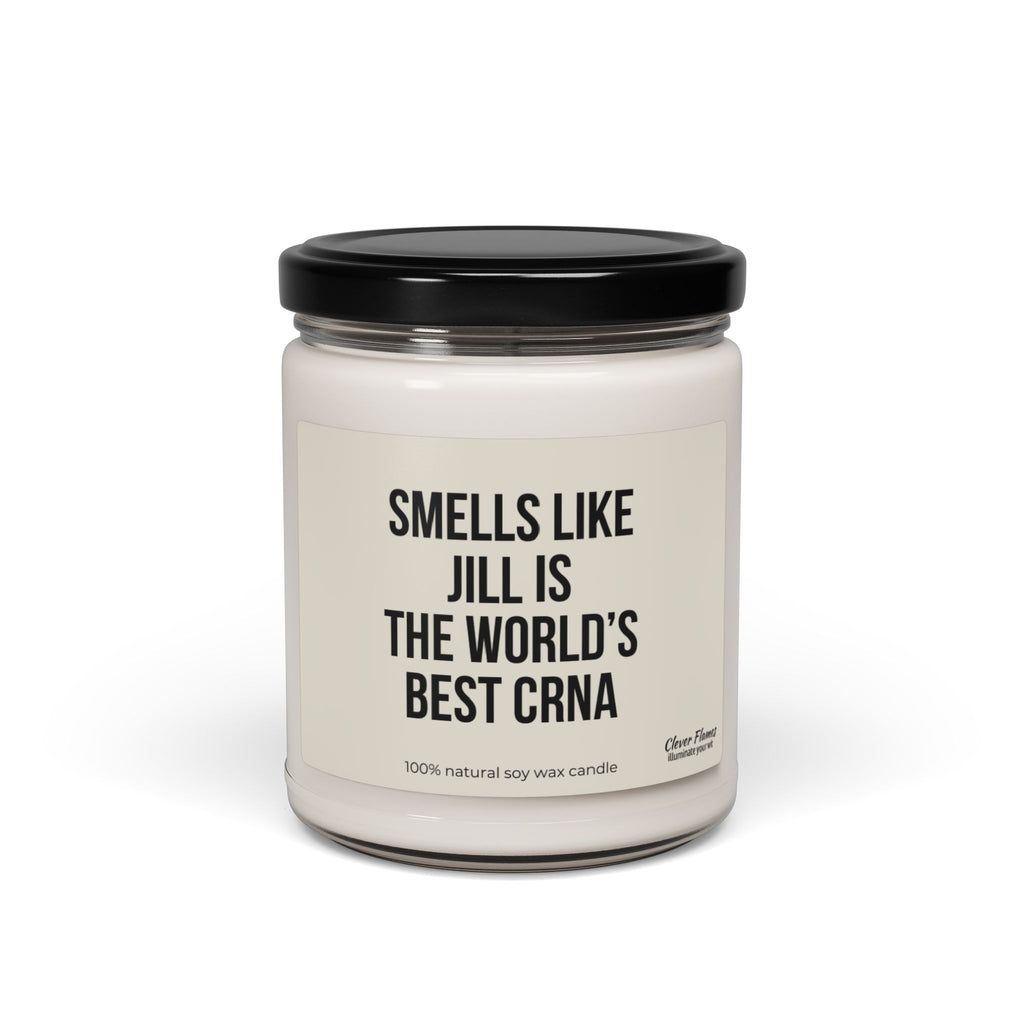 The Personalized "Smells Like the World's Best CRNA" Candle from Printify is an ideal gift for nurse anesthetists. This white candle comes in a glass jar with a black lid, and the label humorously honors Jill's excellence as a CRNA. Made from 100% natural soy wax, it celebrates exceptional anesthesia practice with every burn.