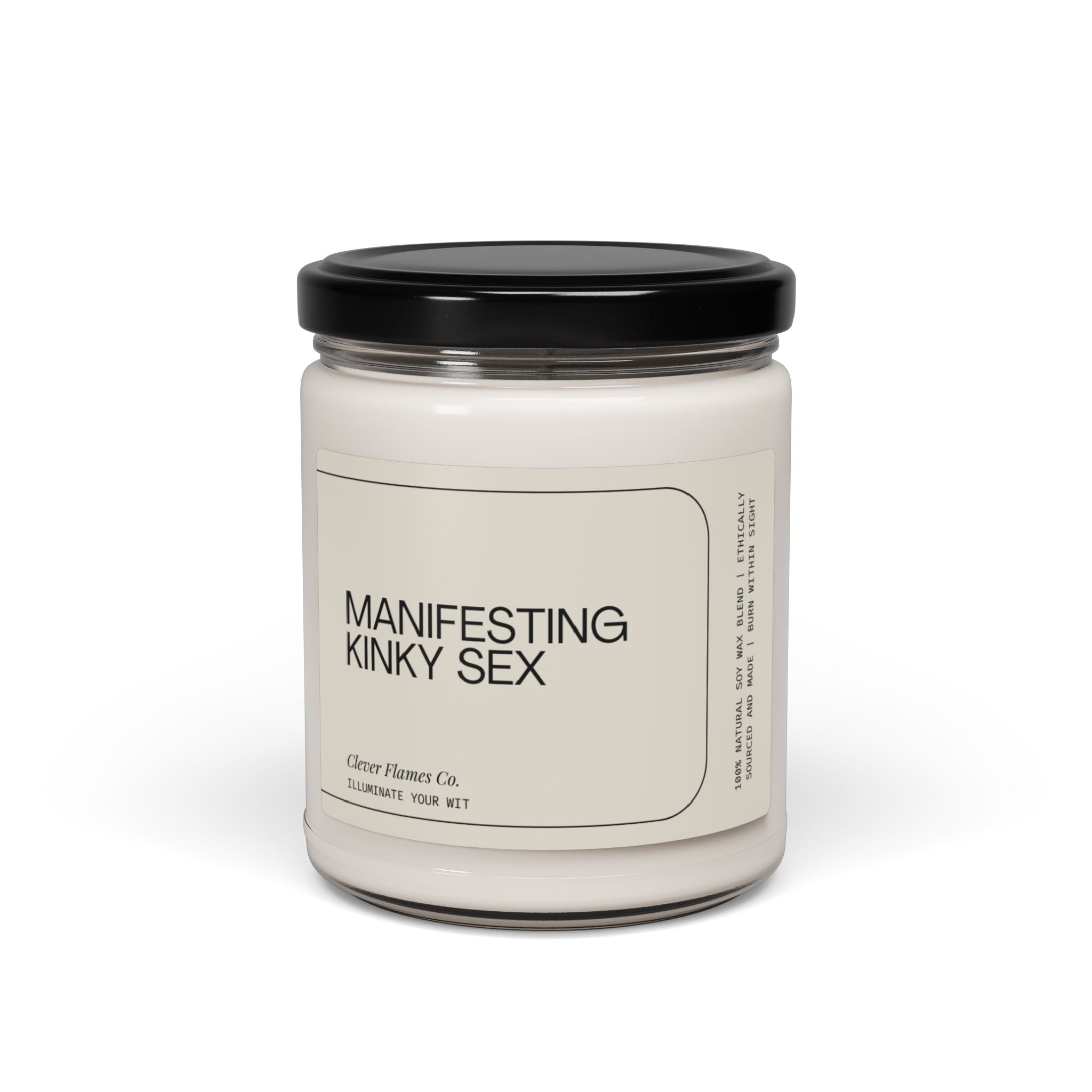 Introducing the "Manifesting Kinky Sex" soy candle by Printify, featuring a white jar with a black lid. This candle is an ideal BDSM gift, emitting an enticing aroma to enhance any atmosphere.