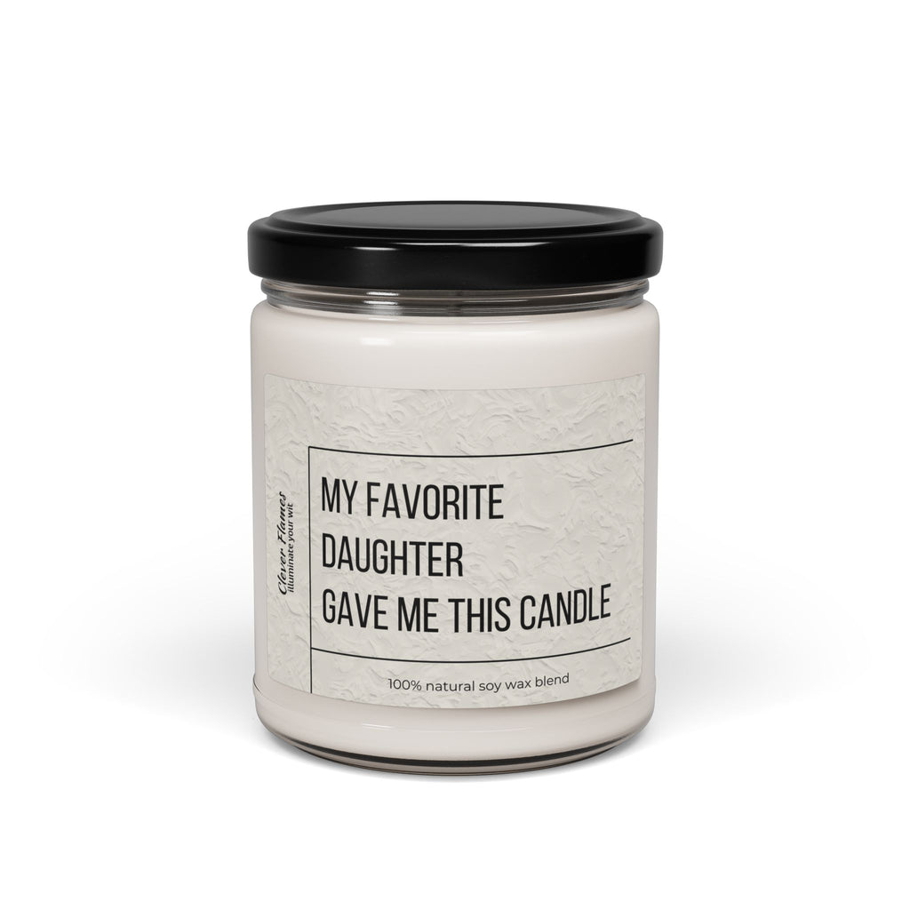 The Printify “My Favorite Daughter” Scented Soy Candle, 9oz, features a white jar, black lid, eco-friendly 100% natural soy wax blend—ideal for birthdays, Mothers Day, home decor, relaxation, and celebrations.