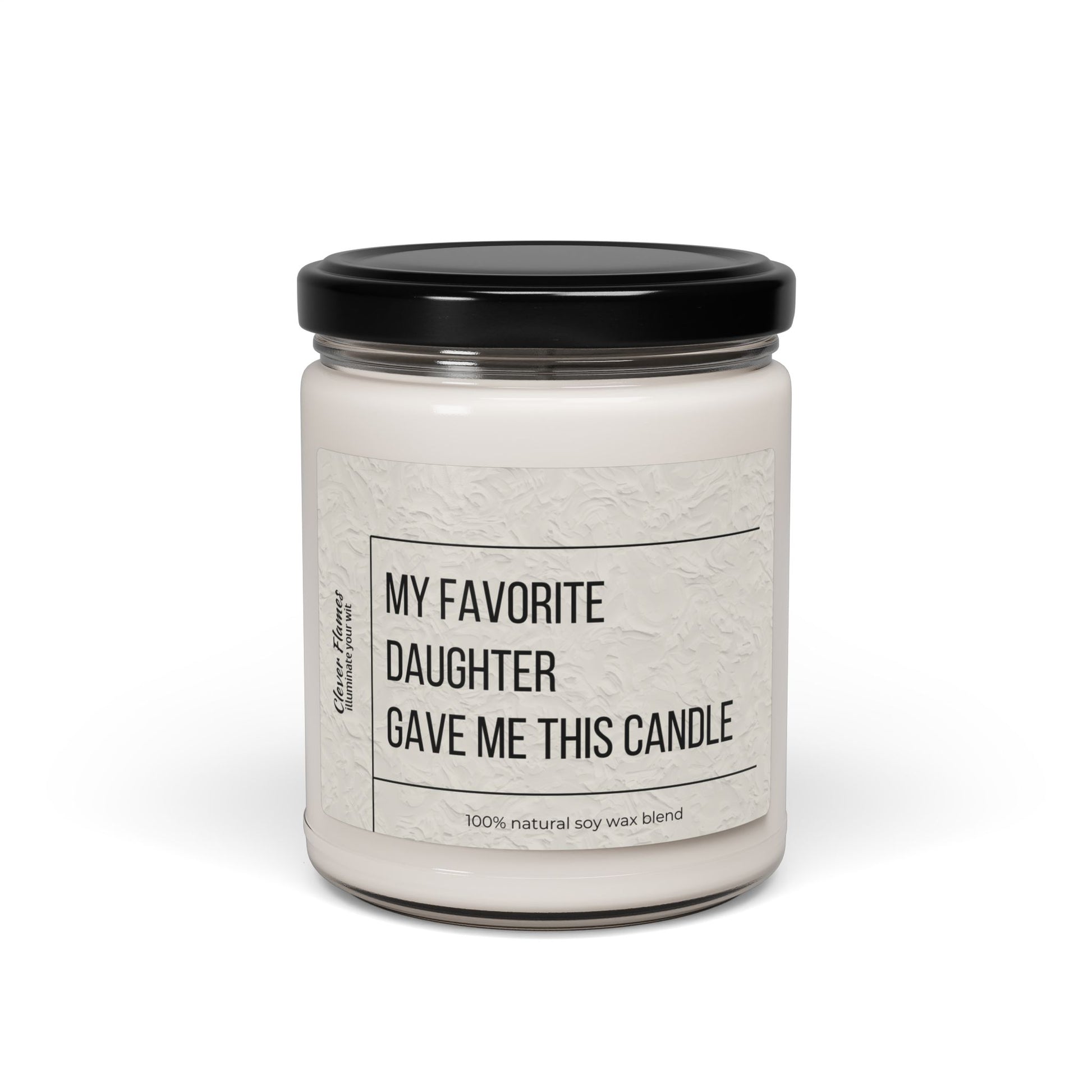 The Printify “My Favorite Daughter” Scented Soy Candle, 9oz, features a white jar, black lid, eco-friendly 100% natural soy wax blend—ideal for birthdays, Mothers Day, home decor, relaxation, and celebrations.