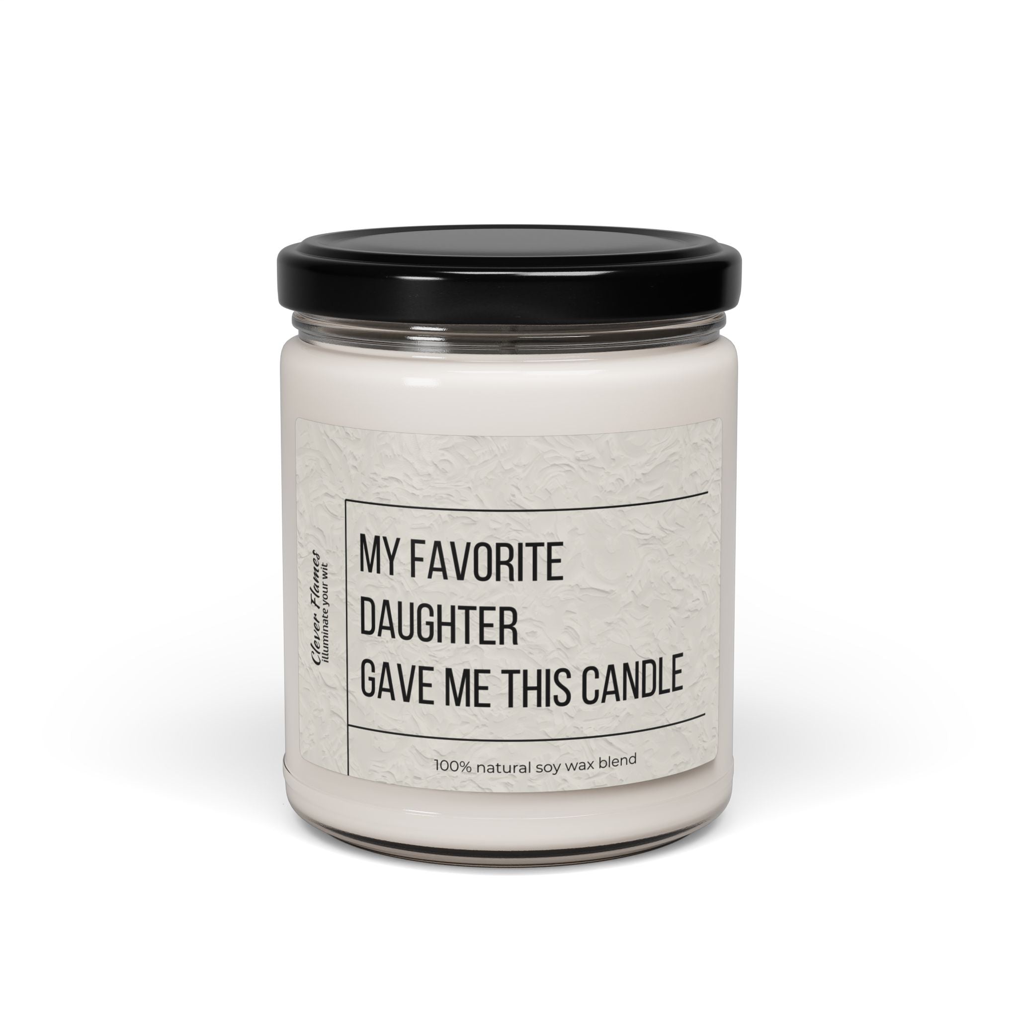 The Printify “My Favorite Daughter” Scented Soy Candle, 9oz, features a white jar, black lid, eco-friendly 100% natural soy wax blend—ideal for birthdays, Mothers Day, home decor, relaxation, and celebrations.