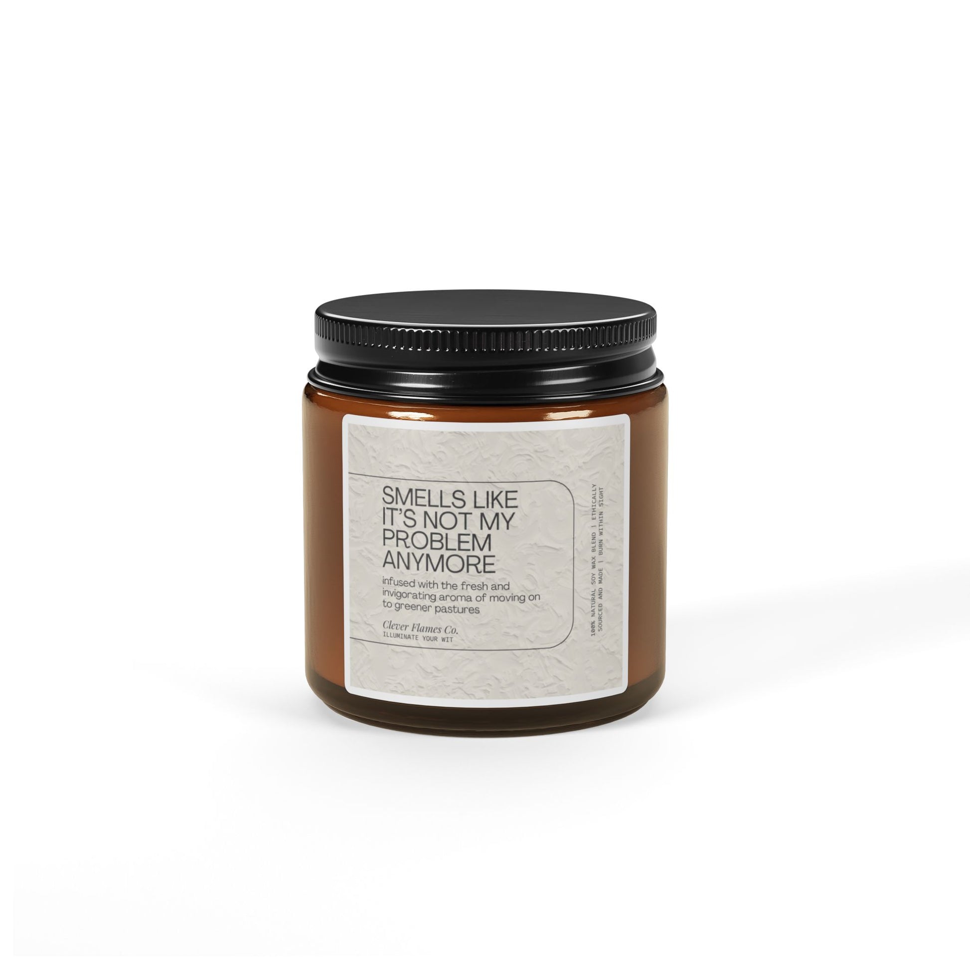 A retirement-themed soy candle by Printify, housed in a brown glass jar with a black lid, displays the label "Smells like it's not my problem anymore," featuring cedar and citrus scents. Its soothing design is perfectly centered on a plain white background, making it an ideal gift for celebrating tranquility and freedom. This unique candle is part of the "Funny Retirement Scented Soy Candle" collection, suitable for coworker gifts or promotion congratulations.