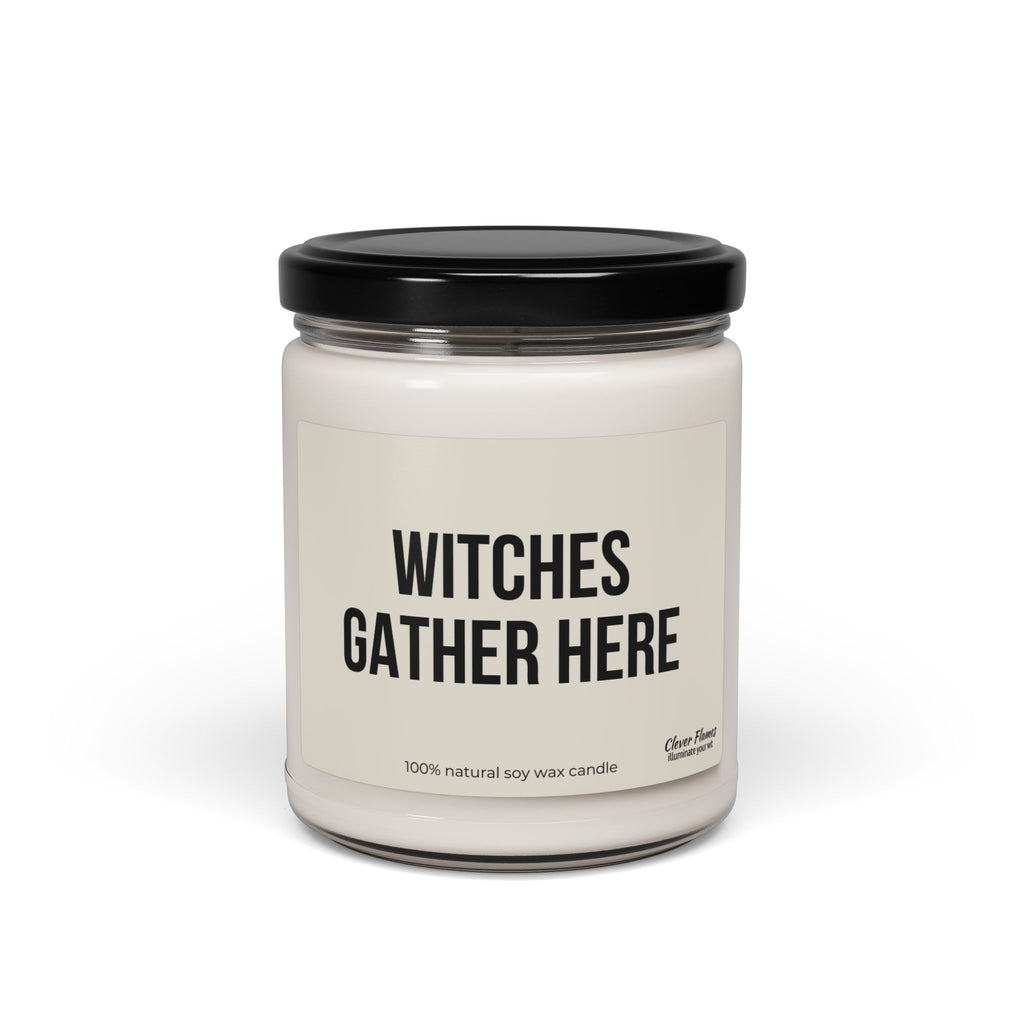 The Printify Soy Candle, Halloween Witch Gathering Theme, comes in a glass jar with a black lid and white label. Featuring bold lettering and a warm Cinnamon Vanilla scent, it's made from 100% natural soy wax—perfect for Halloween.