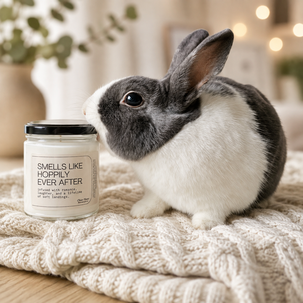 A black and white rabbit sniffs a Printify “Smells Like Hoppily Ever After – Funny Wedding & Anniversary Soy Candle” (9oz), resting on a cream knit blanket in a softly lit, cozy room—the perfect setting for an unforgettable anniversary gift.