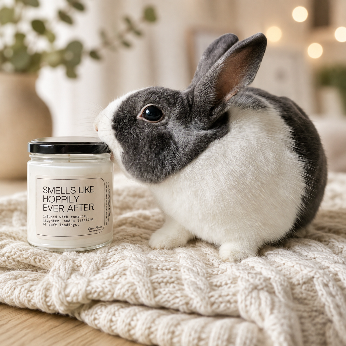 A black and white rabbit sniffs a Printify “Smells Like Hoppily Ever After – Funny Wedding & Anniversary Soy Candle” (9oz), resting on a cream knit blanket in a softly lit, cozy room—the perfect setting for an unforgettable anniversary gift.