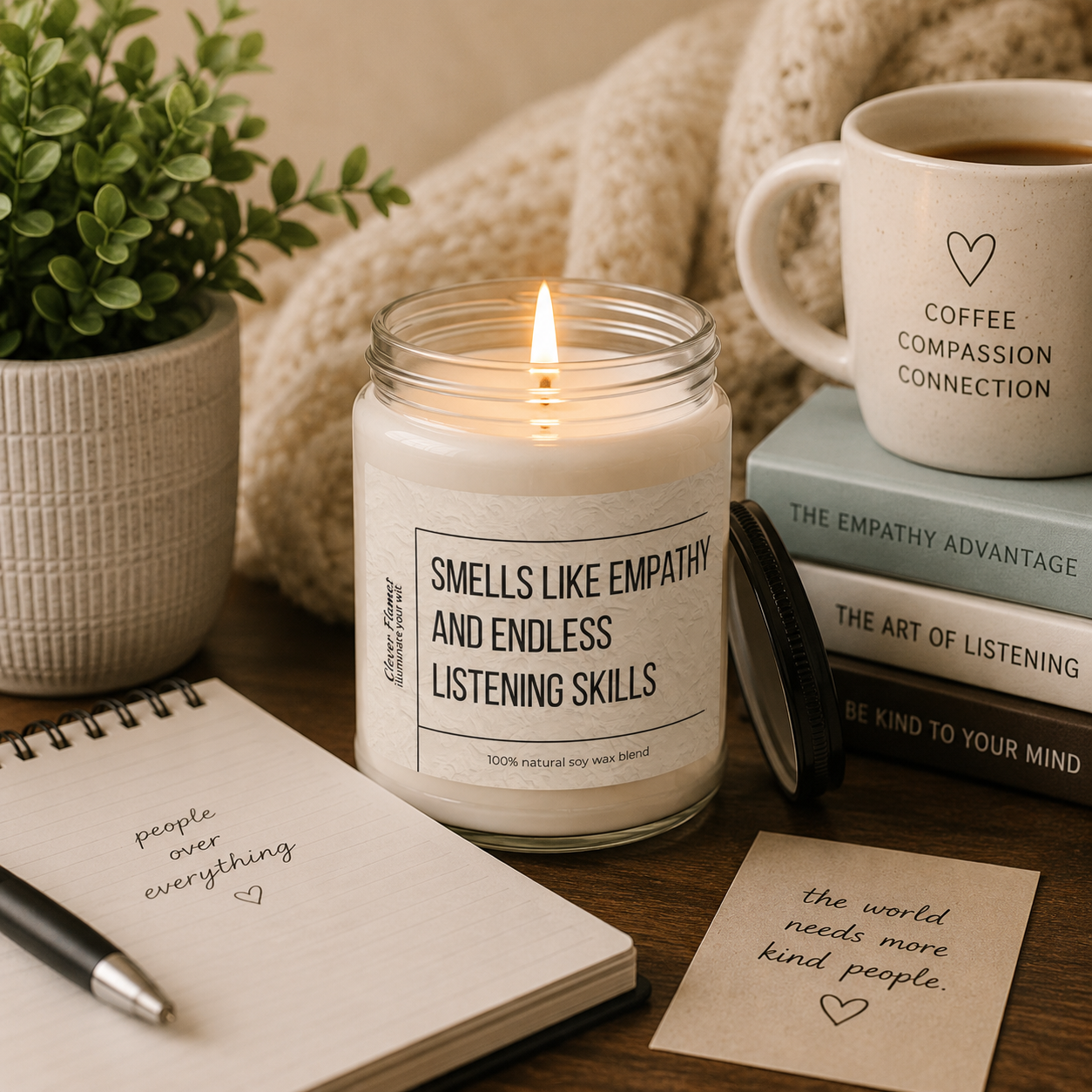 The Printify “Smells Like Empathy and Endless Listening Skills” candle is a funny gift for friends, therapists, or any great listener—shown on a wooden table with books, plant, mug, notepad, card, and cozy blanket in the background.