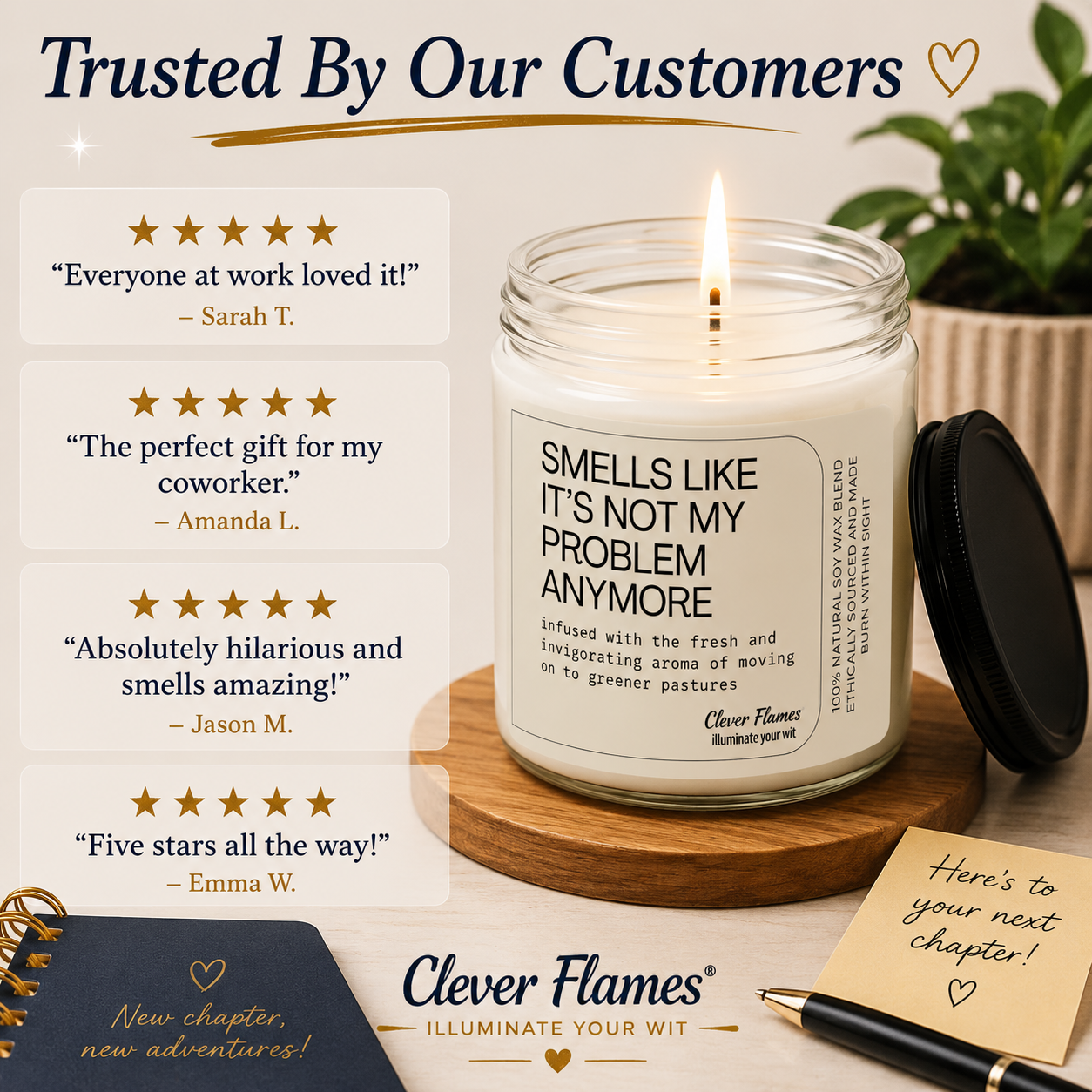 A soy wax candle labeled "Smells Like It's Not My Problem Anymore – Funny Candle for Stress Relief and Moving On" from Printify sits on a desk with a notepad, pencil, plant, five-star reviews, and witty branding in view.