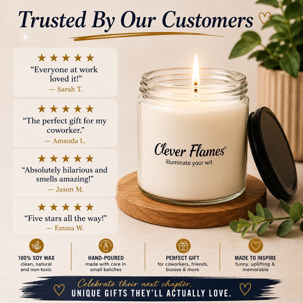 A lit “Smells Like Empathy and Endless Listening Skills” candle by Printify sits on a wooden coaster, surrounded by five five-star reviews. Text highlights: 100% soy wax, hand-poured, ideal therapist gift, and inspirational messages.