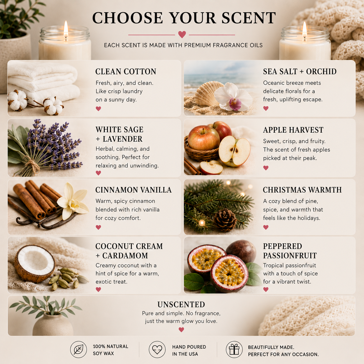 Browse a selection of Printify’s Empathy Candle—“Smells Like Empathy and Endless Listening Skills”—a hand-poured 9oz soy candle with detailed images and descriptions.
