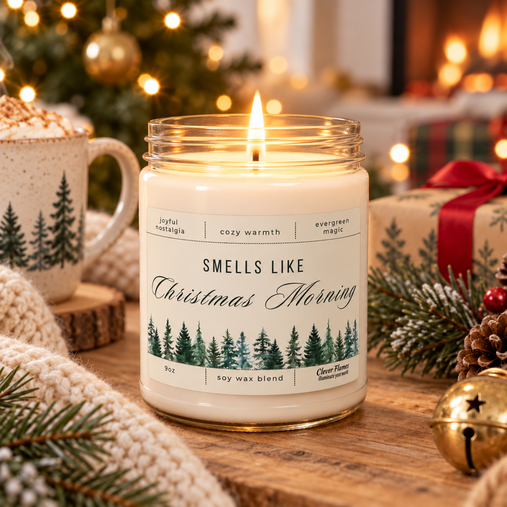 The Smells Like Christmas Morning – Funny Holiday Soy Candle Gift by Printify (9oz) sits on a festive table adorned with pine branches, a mug, and wrapped gifts near a Christmas tree and fireplace—making it the perfect cozy Christmas candle or thoughtful holiday gift.