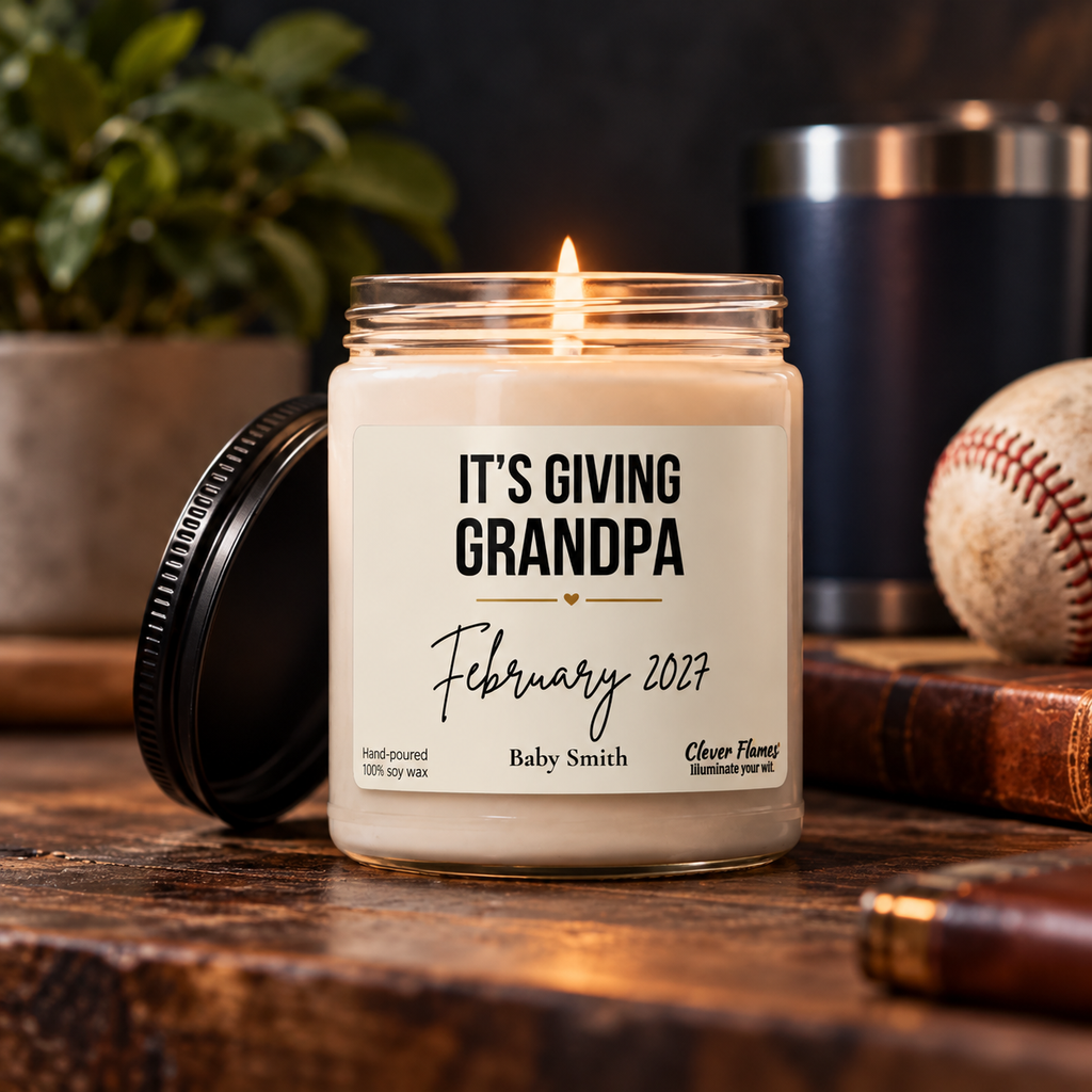 An It’s Giving Grandpa Personalized Pregnancy Announcement Candle in a glass jar, featuring a label that reads Its Giving Grandpa, February 2027, and Baby Smith.