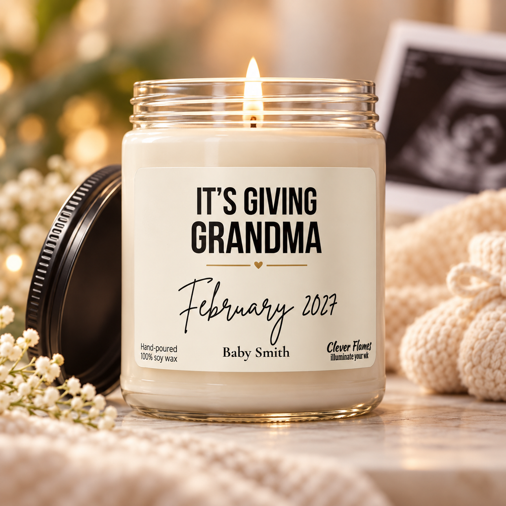 A lit It’s Giving Grandma Personalized Pregnancy Announcement Candle labeled Its Giving Grandma, February 2027, and Baby Smith displayed next to baby booties and a sonogram.